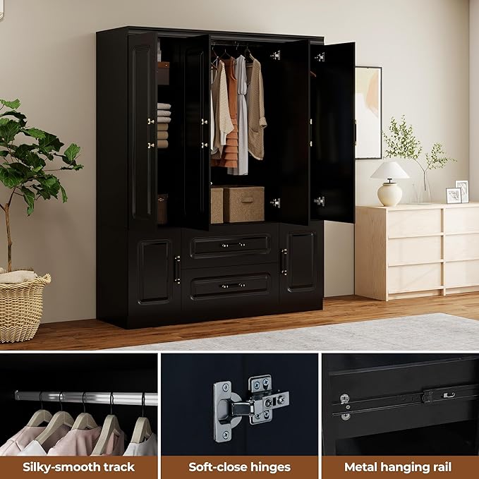 4-Door Modern Bedroom Armoire Wardrobe Closet with 2 Drawers & Hanging Rod, Smooth Black Storage Cabinet for Clothes/Shoes/Blankets 61.42" W x 20.67" D x 70.87" H (69)
