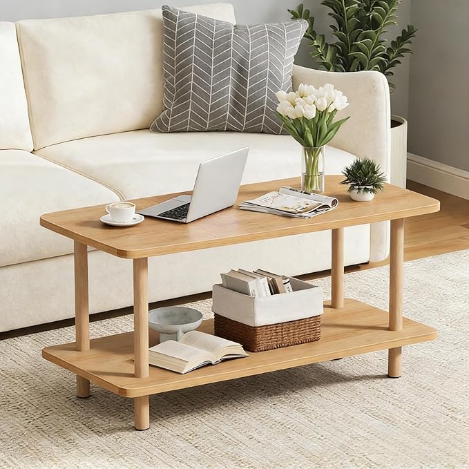 2 Tier Coffee Table Low Table with Solid Wood Legs, Japanese Coffee Table for living Room, Side Table Sofa Table, Floor Table Desk for Sitting on The Floor, Storage Shelf Furniture for Office, Natural
