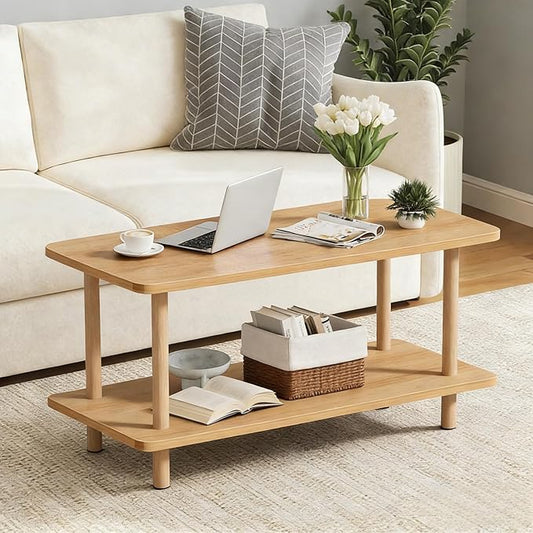 2 Tier Coffee Table Low Table with Solid Wood Legs, Japanese Coffee Table for living Room, Side Table Sofa Table, Floor Table Desk for Sitting on The Floor, Storage Shelf Furniture for Office, Natural