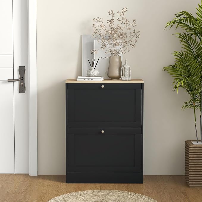 HOMCOM Shoe Storage Cabinet with 2 Flip Drawers, Wooden Freestanding Shoe Organizer with Adjustable Shelves for Entryway, Hallway, Black - Image 8