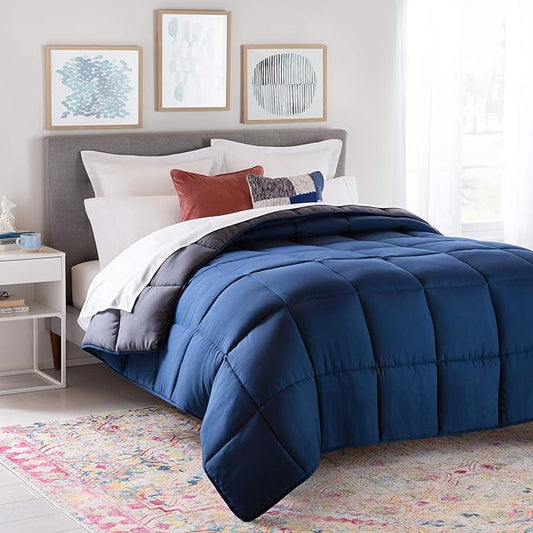 Linenspa Reversible Down Alternative Comforter and Duvet Insert, Oversized King – All-Season Comforter with Box Stitch and 8 Duvet Loops – Bedding for Kids, Teens, and Adults – Navy / Graphite