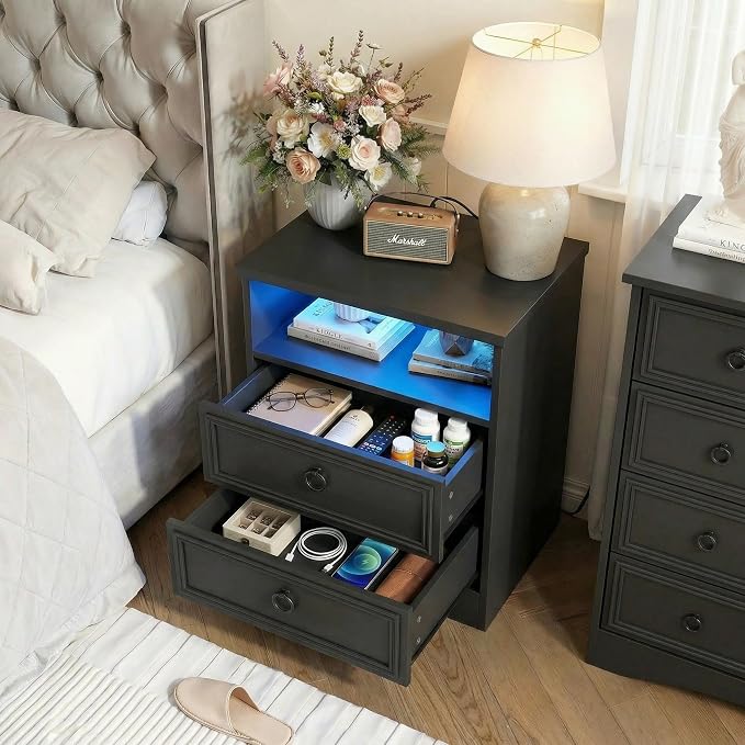 LGHM Set of 2 Nightstand with Charger Station Strip Lights, Large Night Stand with 2 Drawers, 17.7" W Accent Bed Side Table and End Table with Large Open Compartment for Bedroom, Living Room,Black - Image 5