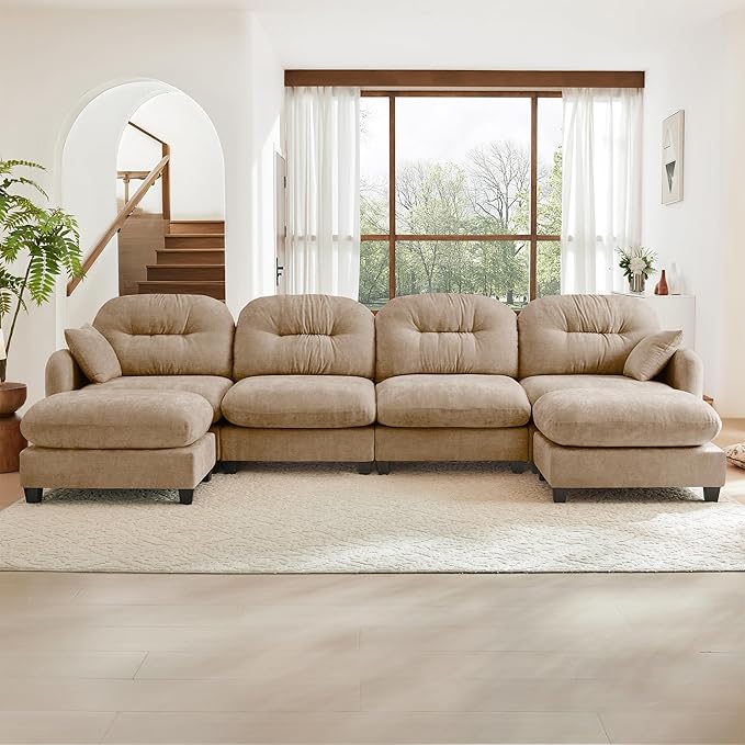 KEIKI 140" U-Shaped Oversized Chenille Modular Sectional Sofa with 2 Ottoman, High-Density Foam Cushions, Tufted Pleated Cushion Backrest, Modern 4-Seater Couch with 2 Pillow, for Living Room, Camel