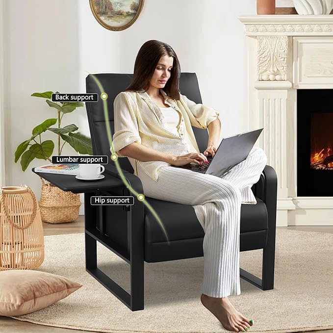 Upholstered Living Room Chair Armchair Set of 2, Mid Century Faux Leather Metal Accent Chair, Reception Couch Slipper Club Lounge Chair Guest Comfy Single Sofa with Sidetable-Black