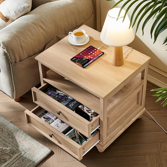 Joaxswe Farmhouse Nightstand Set of 2 with Charging Station, 24" Wide End Table with 2 Drawers,Natural Dresser for Bedroom,Bed Side Table Chest of Drawers Cabinet, Night Stand for Living Room - Image 8