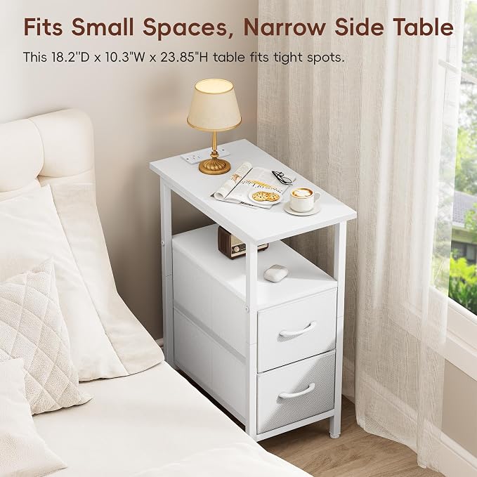 Vagusicc End Table with Charging Station Set of 2, Narrow Side Table, 23.8'' Tall Nightstand with 2 Drawers, Small Sofa Side Table Narrow Nightstand for Small Spaces, Living Room, Bedroom, White - Image 6