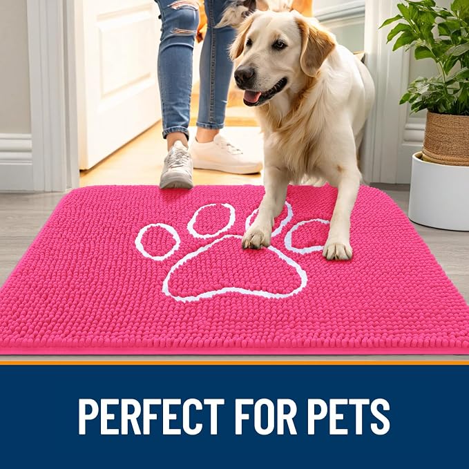 OLANLY Dog Door Mat for Muddy Paws 36x24, Paw Print Design, Absorbs Moisture and Dirt, Absorbent Non-Slip Washable Doormat, Quick Dry Chenille Mud Mat for Dogs, Entry Indoor Entryway Carpet, Hot Pink - Image 6