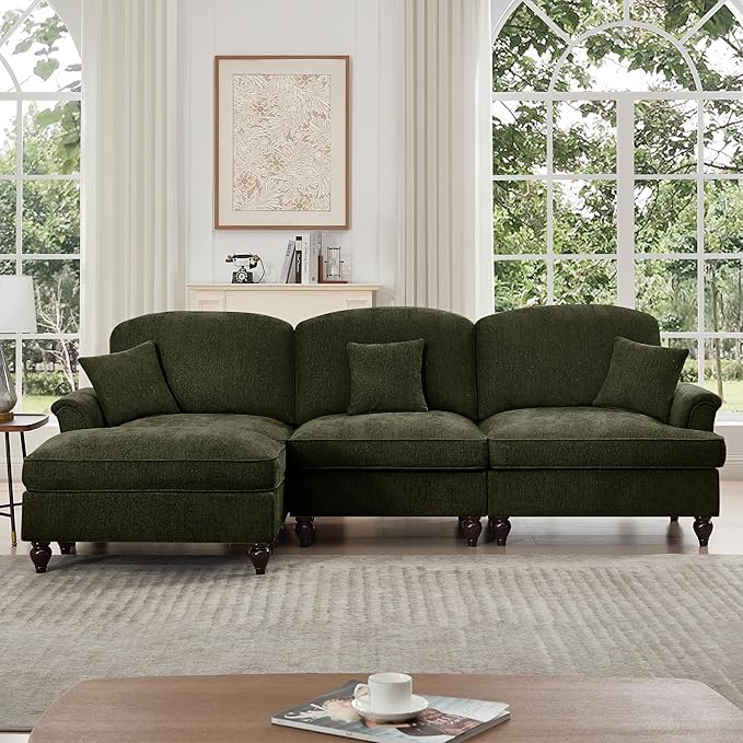 KEIKI Mid Century Modular Sofa with Flared Arms and Skirted Design, 107” Oversized 3-Seater with Ottoman Luxury Chenille L-Shaped Sectional Couches for Living Room, Chaise Lounge Indoor, Green