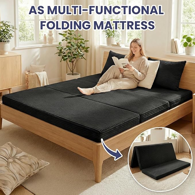 Convertible Sofa Bed Couch, 78’’ Oversized 4-in-1 Boneless Couches with Removable Armrests Backrest, Corduroy Futon Sofa Bed, Foldable Mattress Sleeper Sofa for Living Room Bedroom (Black)
