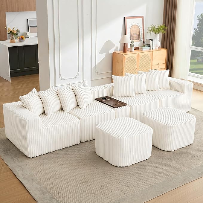 Oversized Cloud Modular Sectional Sofa Boneless Couch with Movable Ottomans,Free Combination Memory Foam Floor Couch with Charging Port & Cup Holders for Living Room | Coffee Table Board, Wireless Charge, No Assembly