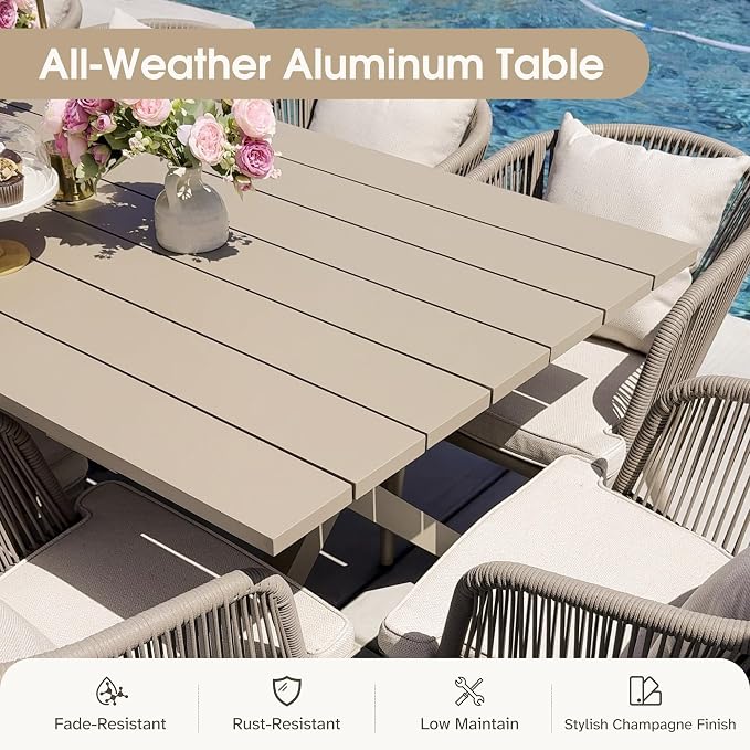 PURPLE LEAF 11 Pieces Patio Dining Set Wicker Outdoor Furniture Rectangular Table and Chairs Set for Garden Deck Aluminum Frame Backyard Kitchen Set, Cushions and Pillows Included Champagne - Image 3