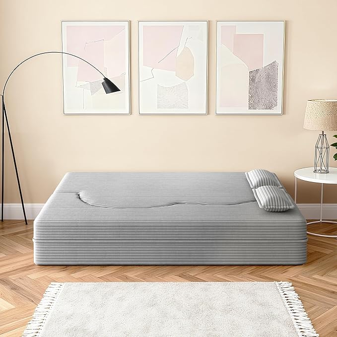 78" Convertible Sofa Bed, 2-in-1 Folding Floor Couch with 2 Pillows, Sleeper Sofa for Living Room and Bedroom, No Assembly Required (Light Grey, Corduroy Fabric)