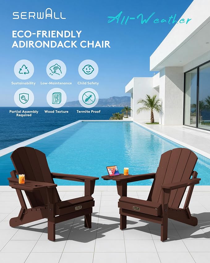 SERWALL Folding Adirondack Chair for Outdoor, Paito Adirondack Chairs with 4 in 1 Cup Holder, All-Weather Patio Chairs with Wood Texture, Fire Pit Chairs for Deck Porch Garden Poolside -Coffee - Image 8