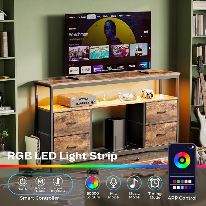 Huuger TV Stand Dresser with Power Outlets and LED Lights, 4 Drawers Entertainment Center with Shelves, 54 Inch Media Console for 55 60 Inch TV, 4 AC Outlets, 2 USBs, Rustic Brown - Image 2