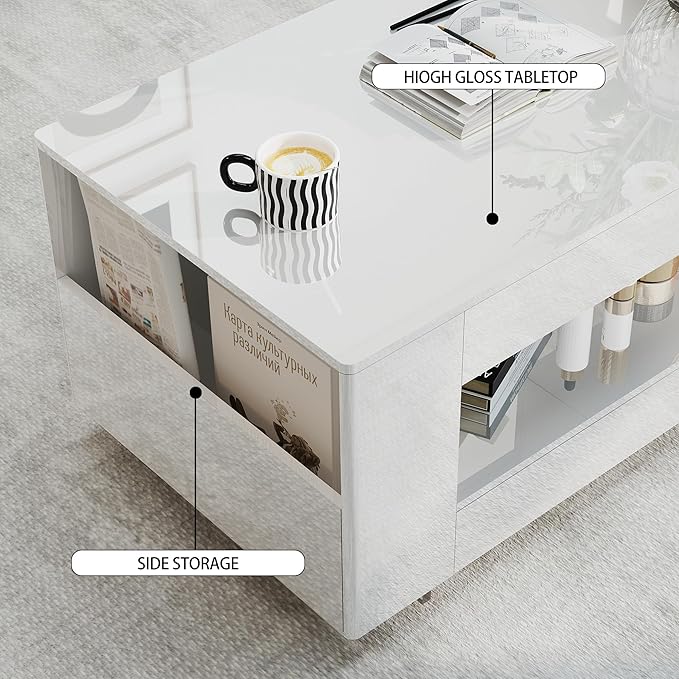 Glossy Coffee Table with Open Shelf Storage - High Gloss Modern Cocktail Table for Living Room, Bedroom, Office