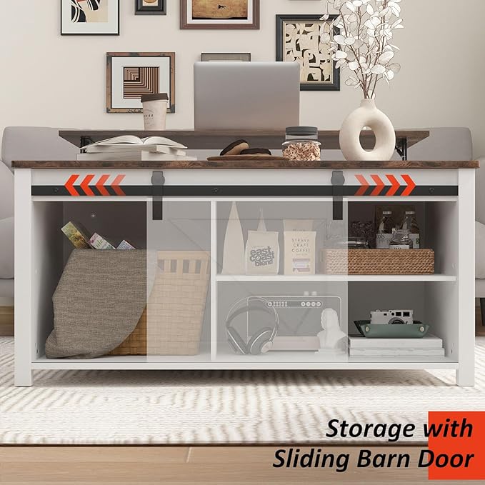PUKAMI Lift Top Coffee Table with Storage, 31.5" Farmhouse Coffee Table for Living Room, Square Coffee Tables with Large Hidden Storage and Sliding Barn Doors, White