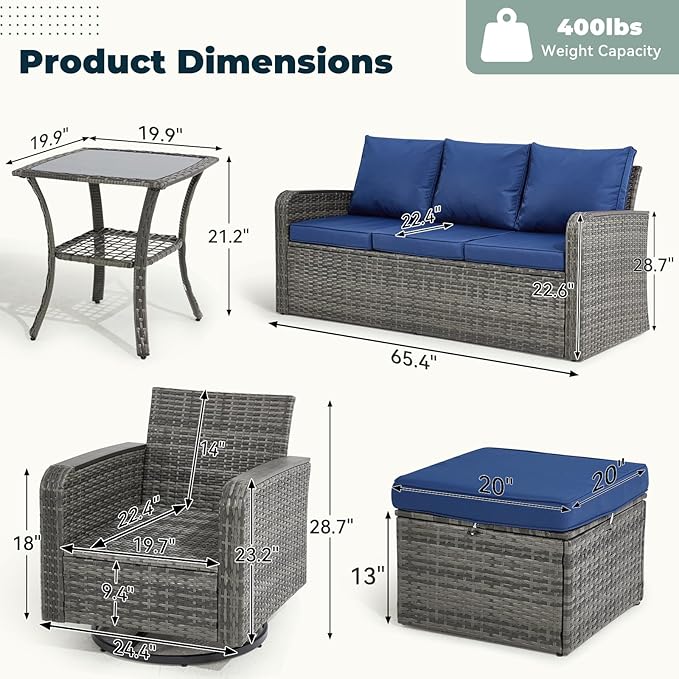 6 Pieces Wicker Patio Furniture Sets, Patio Conversation Set PE Rattan Sectional Sofa with Swivel Chairs Ideal for Indoor Porch Deck Bistro Lawn Garden Backyard Poolside-Blue