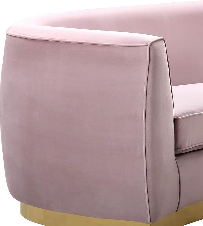 Meridian Furniture Julian Collection Modern | Contemporary Velvet Upholstered Loveseat with Stainless Steel Base in Rich Gold Finish, Pink, 70" W x 34" D x 28" H
