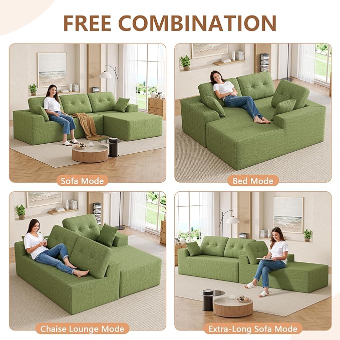 Ball & Cast 106" Modular Sectional Sofa, Convertible Cloud Couch with Deep Seat, Boneless L-Shaped Sectional, Flexible Modular Combination for Living Room, No Assembly (Green, Right Facing Chaise)