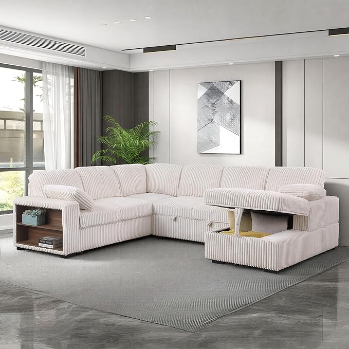 118 inch Oversized U Shaped Sectional Sleeper Sofa with Pull Out Couch Bed , Plush Corduroy Convertible Pullout Sofabed with Storage Chaise & Shelves,6 Seater Corner Couches for Living Room Office
