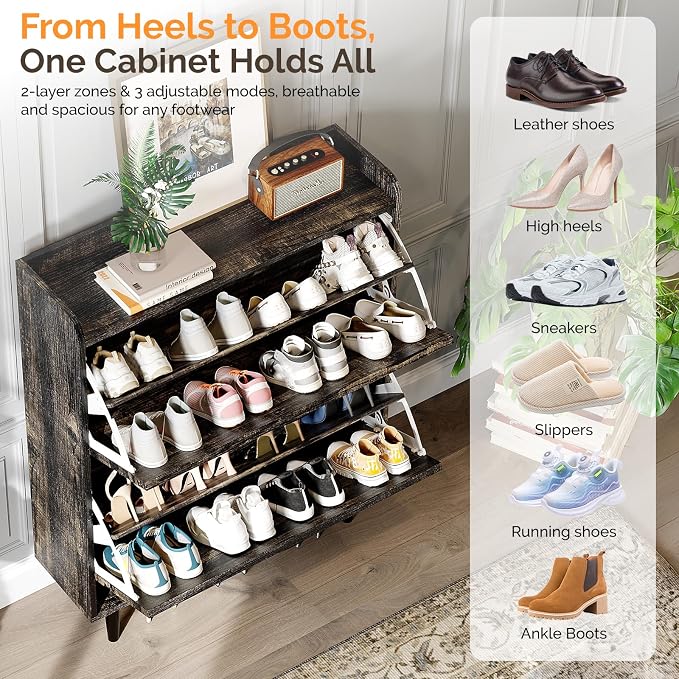VINGLI Shoe Storage Cabinet for Entryway with 2 Flip Drawers, Ultra Slim Freestanding Entryway Shoe Organizer with Wood Tapered Legs,Hidden Closed Shoe Rack,31.6"W * 9.4"D * 39.4"H, Dark Rustic Oak - Image 3