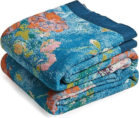 Boho Throw Blanket - 100% Cotton Ultra Soft Muslin Blanket, 60"x80" Lightweight Floral Bird Printed Framhouse Bedding Spring Blanket for Bed, All Season Blue Bohemian Bedroom Home Decor Quilt