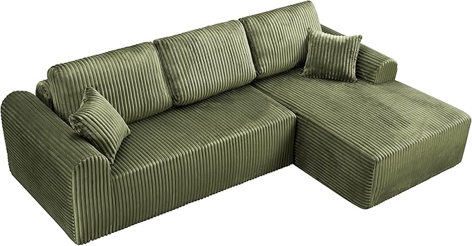 109-Inch L-Shaped Right Facing Boneless Corner Sofa 2 PCS Modular Sectional Cloud Sofa Couch with Chaise Lounge and Toss Pillow, Corduroy Boneless L-Shaped Couches