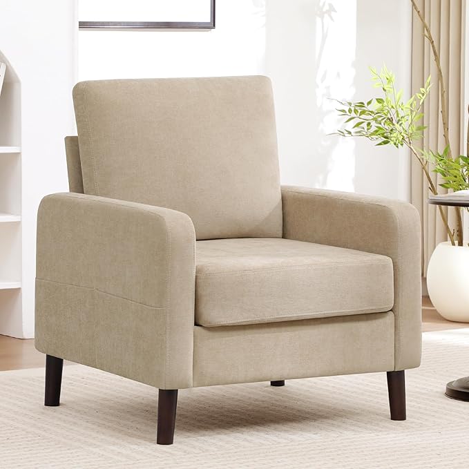 Accent Chair for Living Room, Modern Reading Chair for Bedroom, Upholstered Armchair with Wood Legs and Side Pockets, Single Sofa Side Chair for Office, Small Room, Apartment, Light Brown