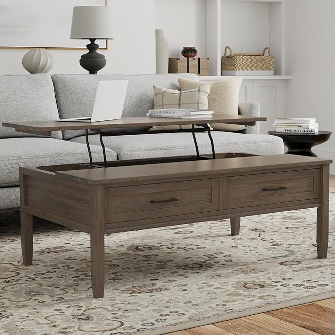 SIMPLIHOME Ela SOLID WOOD 48 Inch Wide Rectangle Transitional Lift Top Coffee Table in Smoky Brown, For the Living Room and Family Room