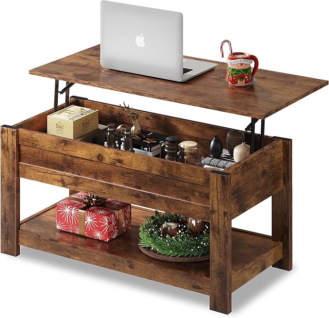 WLIVE Coffee Table, 39" Lift Top Coffee Table with Hidden Compartment and Storage Shelf for Living Room, Rustic Brown