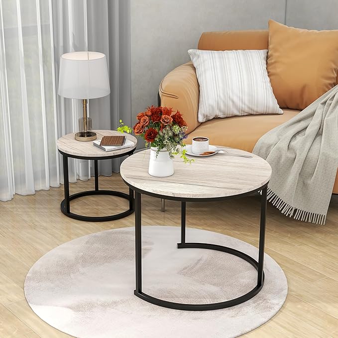 HOJINLINERO Round Coffee Table,Nesting Coffee Table Set of 2,Center Tables for Living Room,Office, Home Small Space,Stacking Side Tables,Sturdy and Easy Assembly,Wood Desktop,Black+White Oak,Small