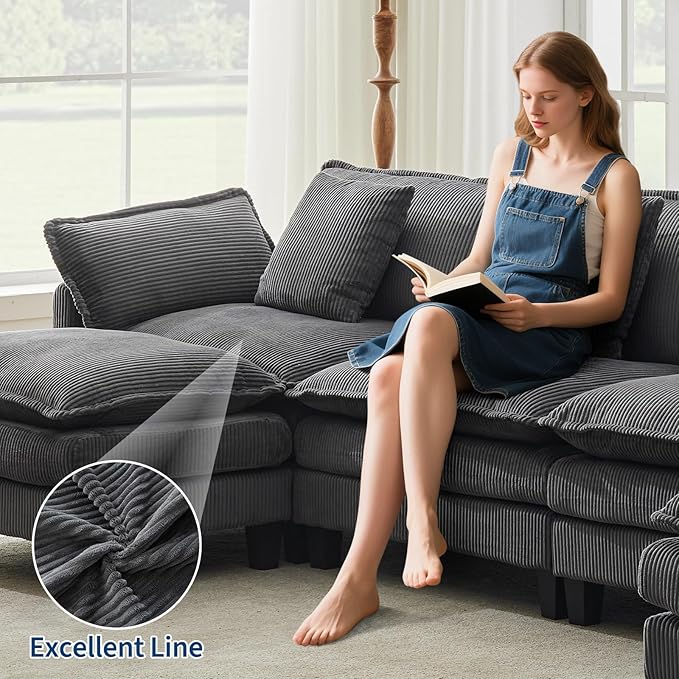 GarveeHome 147" U Modular Sectional Sofa, Corduroy Cloud Couch with Movable Ottoman & Throw Pillows, Modern L/U-Shaped Sofa, Comfy Deep Seat Couch for Living Rooms, Offices, Bedroom and Apartment