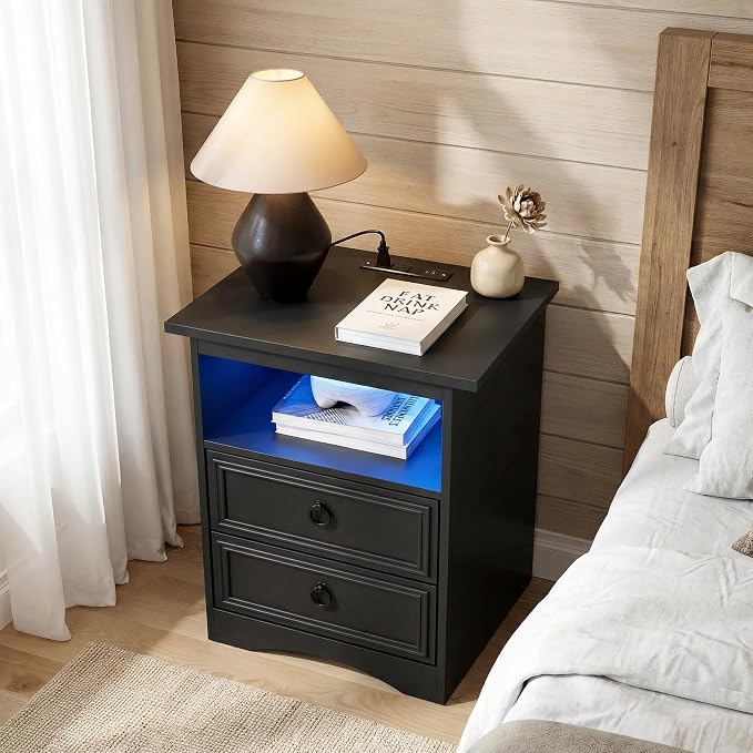 LGHM Set of 2 Nightstand with Charger Station Strip Lights, Large Night Stand with 2 Drawers, 17.7" W Accent Bed Side Table and End Table with Large Open Compartment for Bedroom, Living Room,Black - Image 2