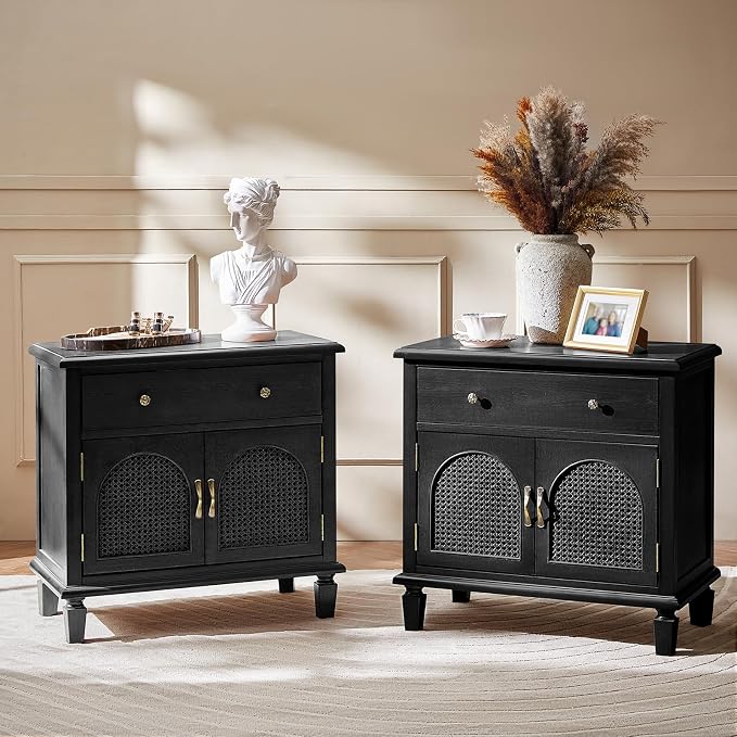 HULALA HOME End Table Set of 2 with Doors and Drawer, Traditional Side Table with Solid Wood Legs, Adjustable Shelf, Charging Station, Black by HULALAHOME