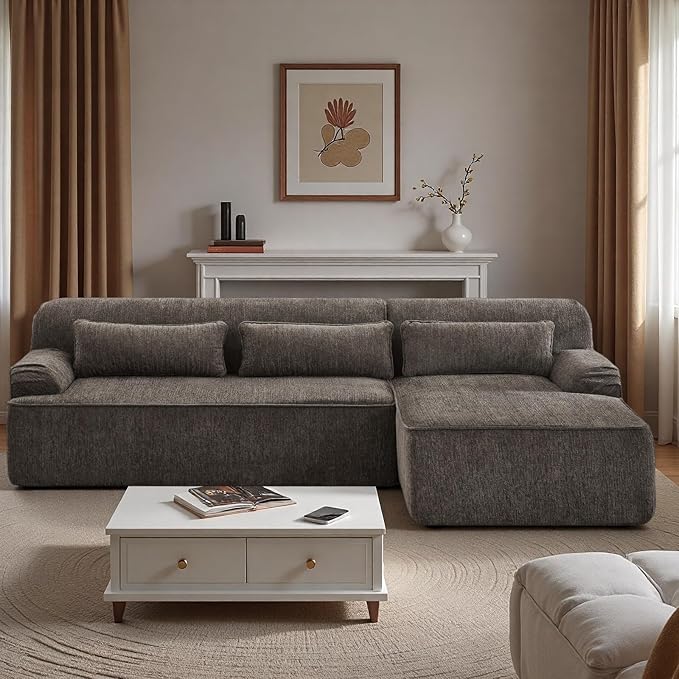 L-Shaped Sectional Sofa, Luxury Upholstered Chenille 3-Seater Sofa with Right Chaise Lounge & 3 Lumbar Pillows, Modern Comfy Oversized Couch with Side Pocket for Living Room, Apartment, Brown
