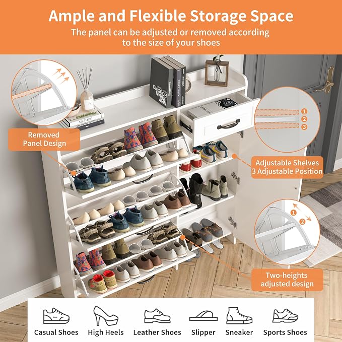 Shoe Cabinet for Entryway, Freestanding Shoe Storage Cabinet with 3 Flip Drawers and Side Cabinet, Narrow Shoe Rack Organizer with Adjustable Shelves, Modern Slim Hidden Shoe Cabinet, White - Image 6