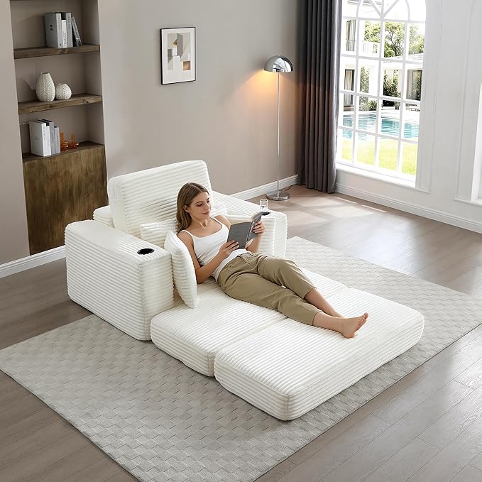 Eafurn 52.4" Oversized Chaise Lounge Indoor with Foldable Ottoman Convertible Boneless Sleeper Sofa Bed, Deep Seat Lounge Chair with Cup Holder & Side Pocket, No Assembly for Living Room | Breathable material, Cupholders
