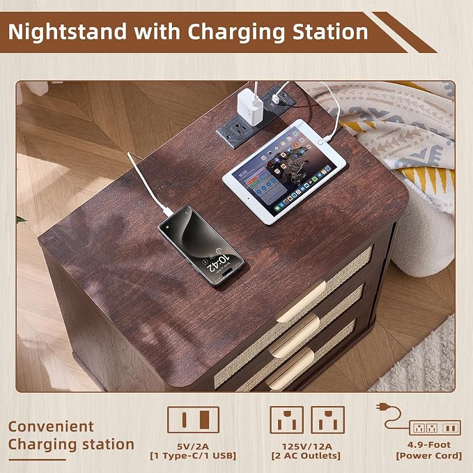LEYAOYAO Rattan Night Stand with Charger Station, 23" Large 3 Drawer Boho Nightstand, Walnut Bedside Table Storage Cabinet, Bed Side End Tables for Bedroom, Living Room, Hallway - Image 5
