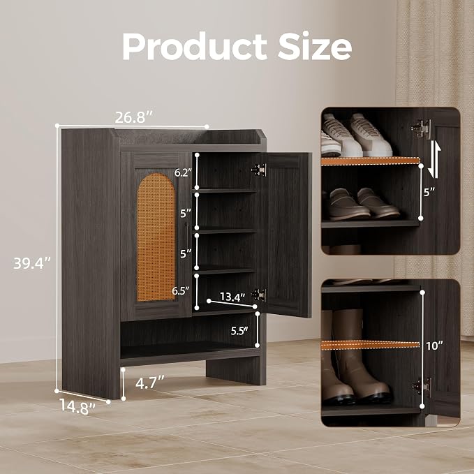 Mericonia 6-Tier Shoe Cabinet Storage for Entryway, Rattan Shoes Organizer Cabinets with Doors, Wooden Shoe Rack, Farmhouse Boho Wood Storage Cabinet (Black, 6-Tier) - Image 2