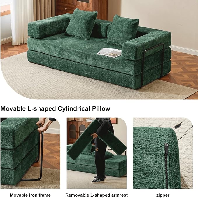Alpen 77" Convertable Sleeper Sofa, 4-in-1 Pull Out Couch Bed with L-Shaped Armrests, Futon Sofa Bed Queen Size Sleeper Mattress Fold Out Comfy Lounge for Living Room Bedroom, Green