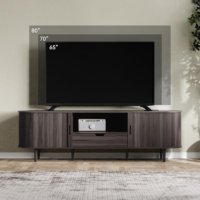 DHH 71" Fluted TV Stand with Power Outlet for TVs up to 80", TV Console with Adjustable Shelves and Sliding Door,Mid Century Modern Entertainment Center for Living Room,Bedroom (Dark Walnut, 71Inch) - Image 4