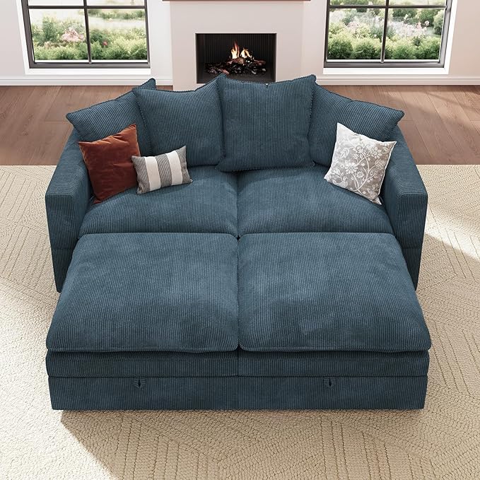 HONBAY Modular Sectional Sleeper Sofa, Corduroy 4 Seater Couch with Storage, Sectional Sleeper Couches for Living Room, Blue