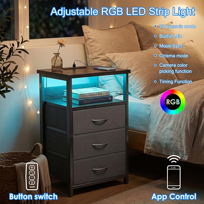 Fixwal Night Stand with 3 Fabric Storage Drawers, LED Nightstand with Charging Station, Bedside Table, Black - Image 4