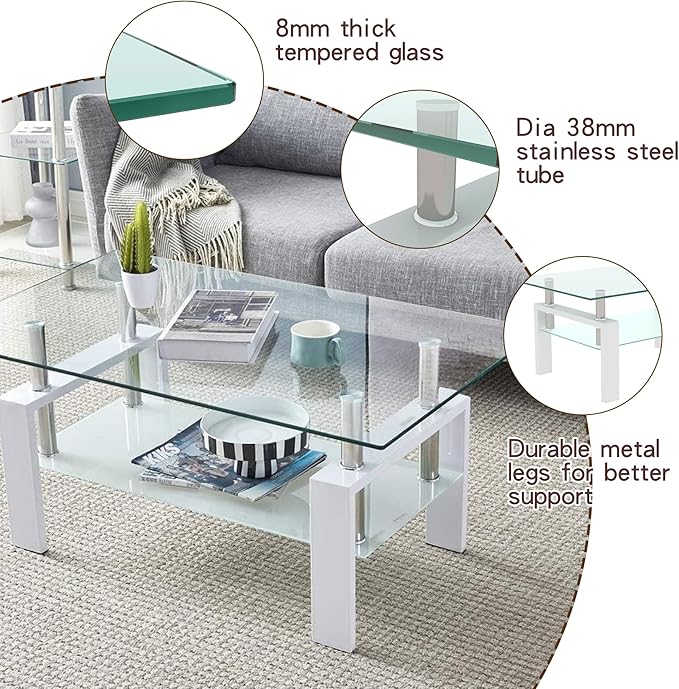 39.4'' Rectangle Glass Coffee Table, White Coffee Table with Tempered Glass & Metal Legs, 2-Tier Modern Center Table with Storage Shelf, Clear Glass Coffee Tables for Living Room, Apartment, Office