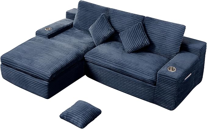 Cloud Compressed Modular Sectional Sofa, Comfy Corduroy Boneless Couch for Living Room, Modern L-Shaped Corner Couch with Cupholders and Extra Wide Chaise Lounge | Deep Seat, 11" Wider Armrest, Side Pockets, High-Resilience Foam, No Assembly Required