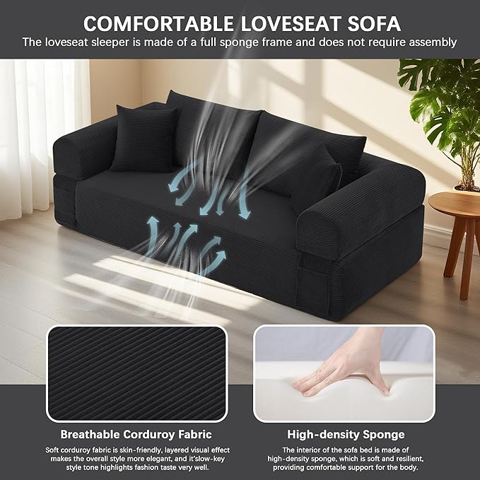 83" Modern Sofa in a Box, No Assembly Oversized 3 Seater 28" Deep Seat Cloud Sofa Bed Couch with 4 Furry Pillows & Corduroy Fabric, Boneless Couch with Side Storage Pockets for Living Room, Black