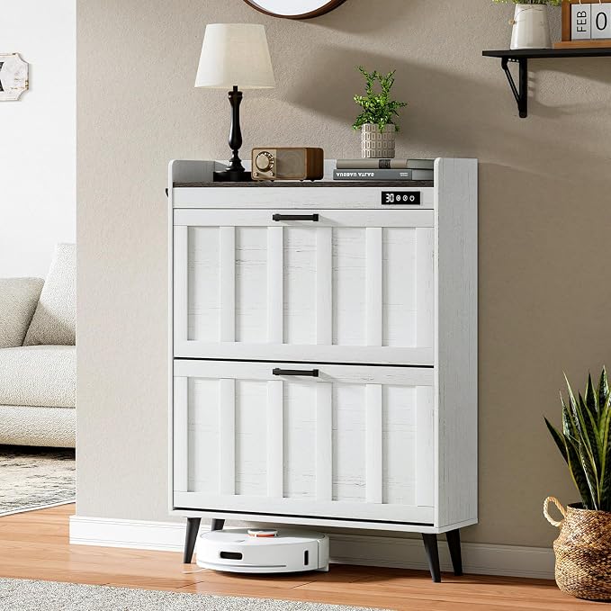 ChooChoo Shoe Storage Cabinet with 2 Flip Drawers, Deodorizing Shoe Organizer Storage for Entryway, Freestanding Hidden Slim Narrow Shoe Rack Cabinet, Antique White & Brown - Image 8