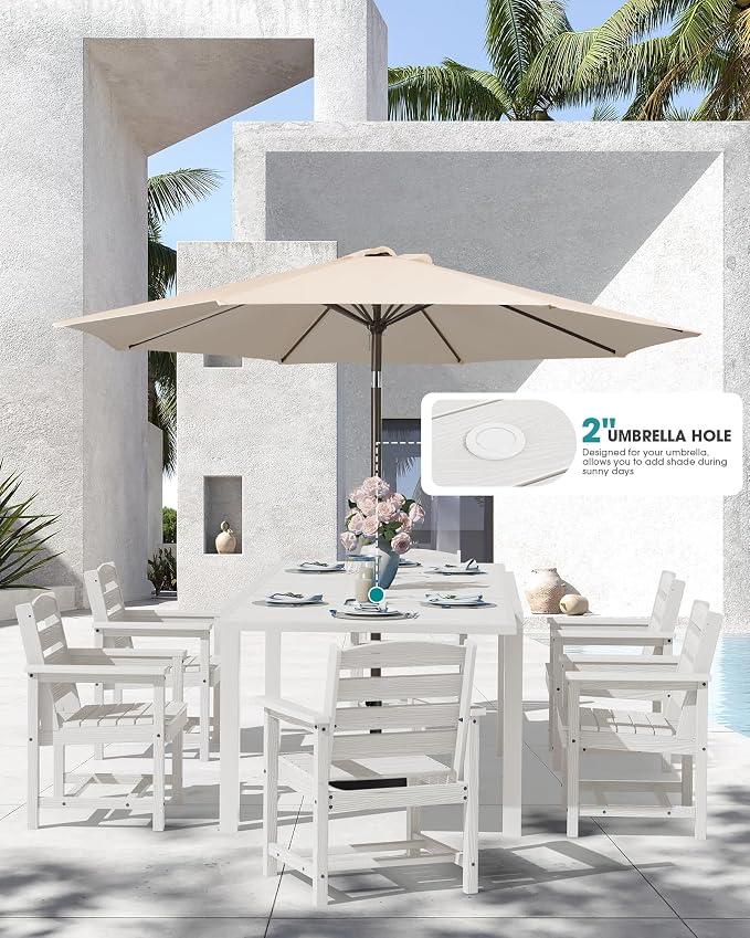 SERWALL 10-Piece Patio Dining Sets with 15FT Patio Umbrella, 60" - 83" Expandable Outdoor Dining Table and 8 HDPE Chairs, All Weather HDPE Outdoor Furniture Set (Umbreall Base not Included) - Image 2