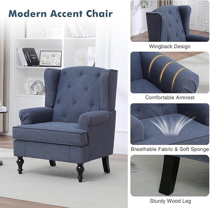 Accent Chair for Living Room, Mid Century Modern Upholstered Armchair, Wingback Chair with Tufted High Back and Solid Legs, Comfy Single Sofa Side Chairs for Bedroom, Blue