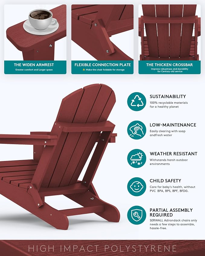SERWALL Folding Adirondack Chair Set of 6 Weather Resistant Lawn Chairs with Cup Holder for Patio - Red - Image 5